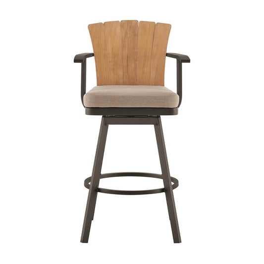 Armen Living - Hazel Outdoor Patio Swivel Bar Stool in Aluminum with Teak Wood and Brown Cushion - LCHABABRN30 veiw 2