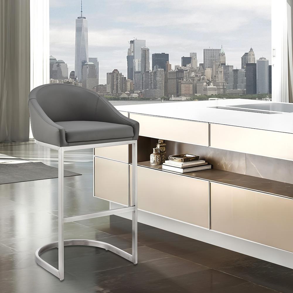 Armen Living - Katherine 30in Bar Stool in Brushed Stainless Steel with Gray Faux Leather - LCKABABSGRY30 veiw 7