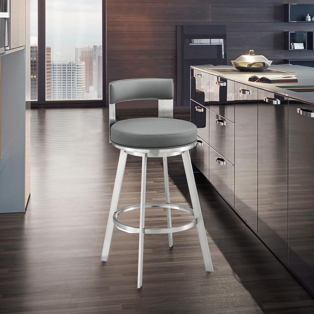 Armen Living - Lynof Swivel Counter Stool in Silver Metal with Gray Faux Leather - 840254335479 veiw 7