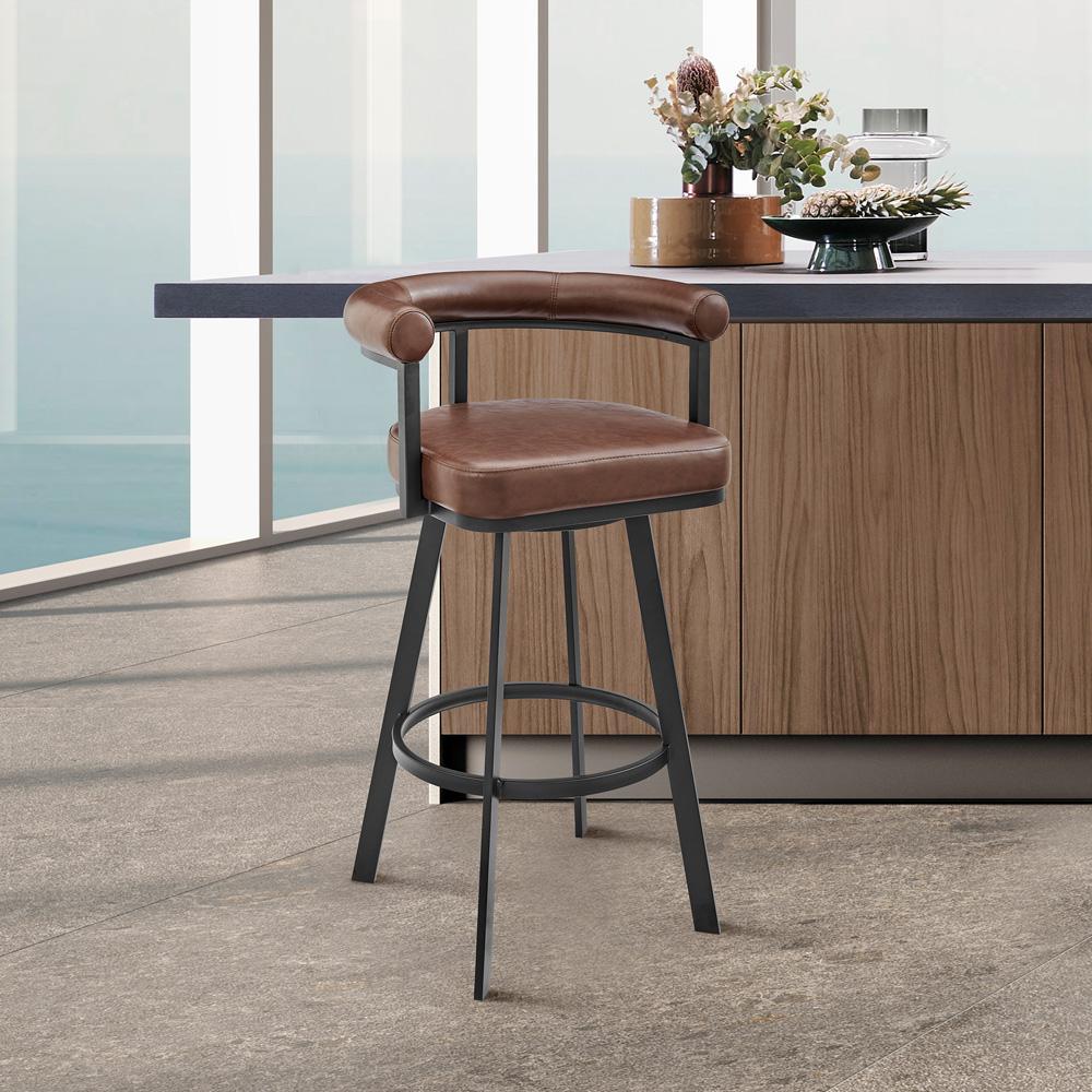 Armen Living - Nolagam Swivel Bar Stool in Black Metal with Brown Faux Leather - 840254335639 veiw 7