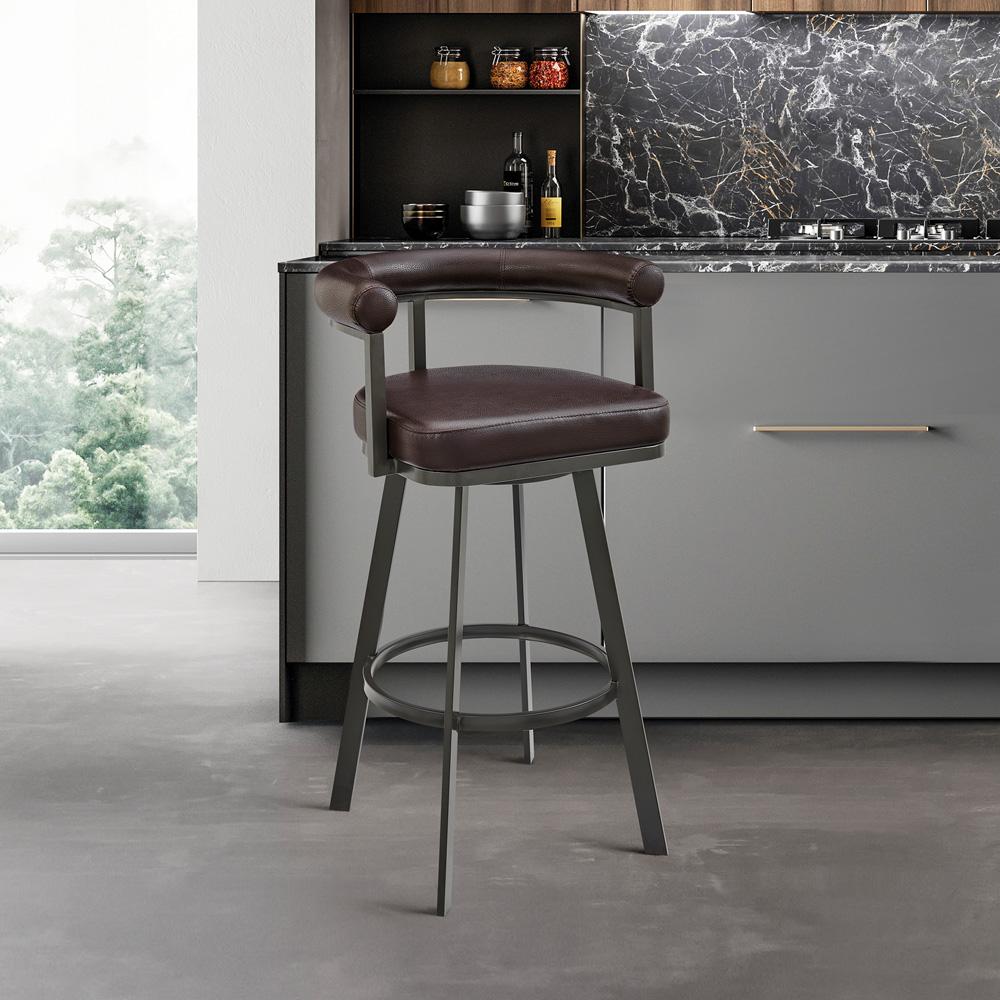 Armen Living - Nolagam Swivel Bar Stool in Brown Metal with Brown Faux Leather - 840254335653 veiw 7
