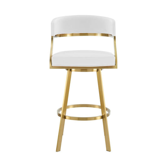 Armen Living - Saturn 26in Swivel Counter Stool with Gold Brushed Stainless Steel and White Faux Leather - LCSNSWBABGLWH26 veiw 2