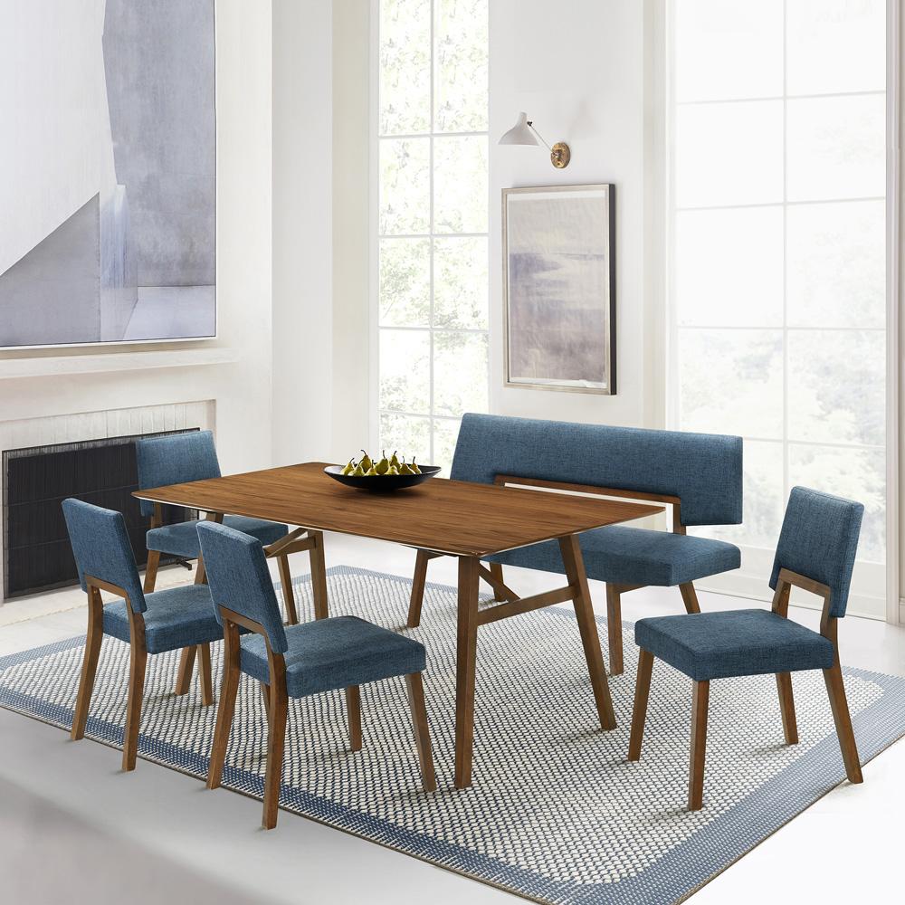Armen Living - Channell 6 Piece Walnut Wood Dining Table Set with Bench in Blue Fabric - SETCHWA6BLUB veiw 7