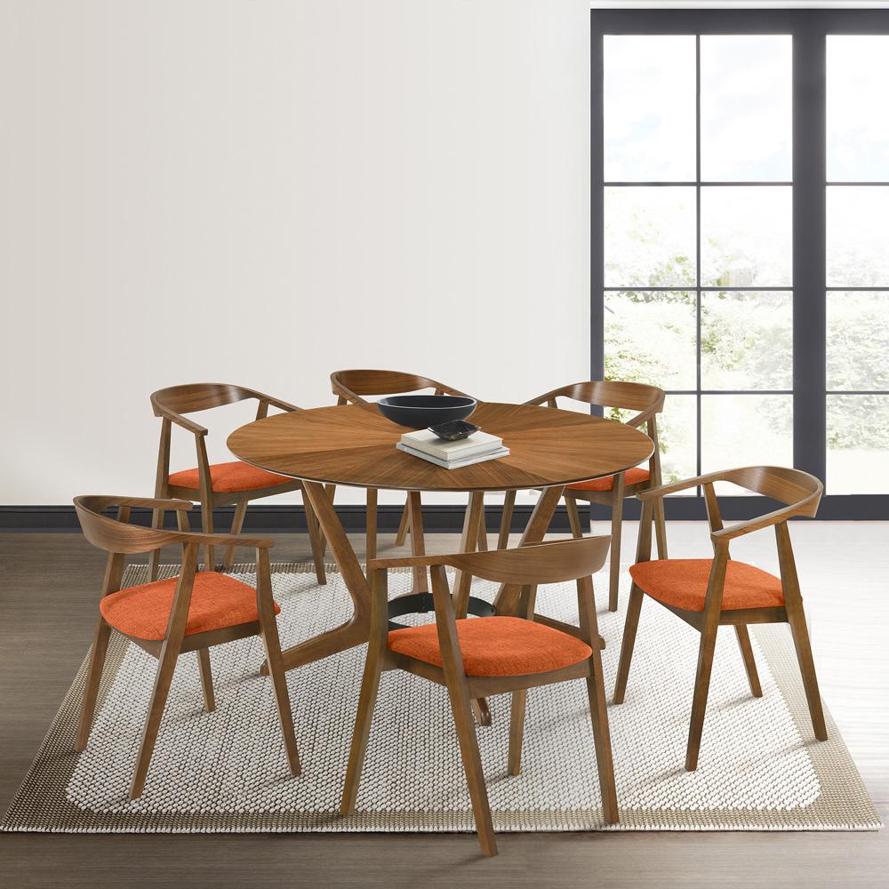 Armen Living - Santana 7 Piece Round Walnut Wood Dining Table Set with Orange Fabric - SETSAWA7OR veiw 7