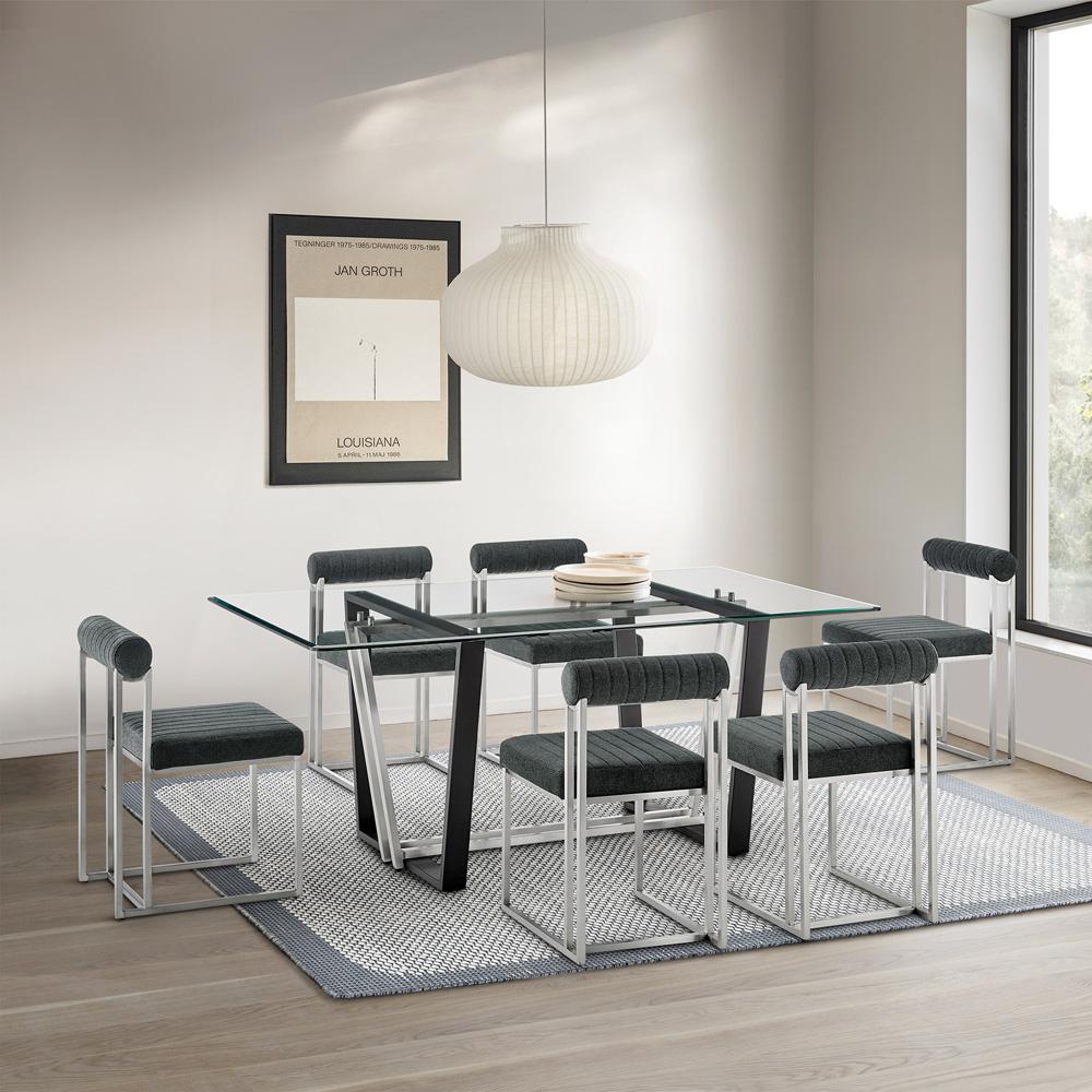 Armen Living - Kai Anastasia 7 Piece Rectangular Glass Dining Table Set with Brushed Stainless Steel and Charcoal Fabric - SETKA7BSCH veiw 7