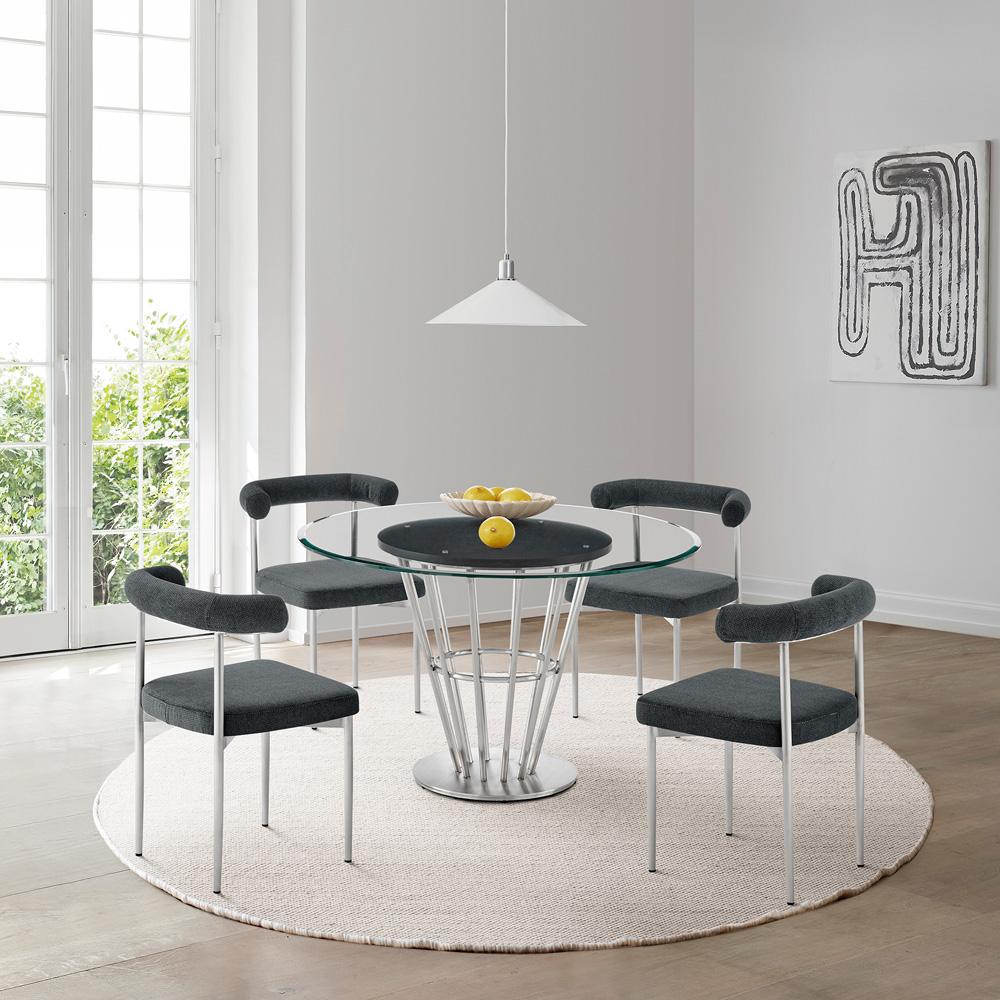 Armen Living - Veronica Shannon 5 Piece Round Glass Dining Table Set with Brushed Stainless Steel and Charcoal Fabric - SETVRDI5BSCH veiw 7