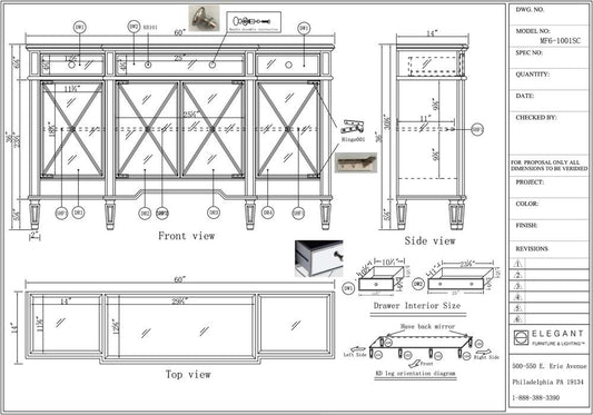 Elegant Furniture & Lighting - Contempo 3 Drawer 4 Door Cabinet 60 in. x 14 in. x 36 in. in silver Clear - MF6-1001SC veiw 2