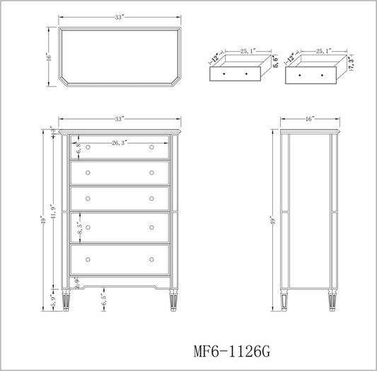 Elegant Furniture & Lighting - Contempo 5 Drawer Cabinet 33 in. x 16 in. x 49 in. in Gold paint - MF6-1126G veiw 2
