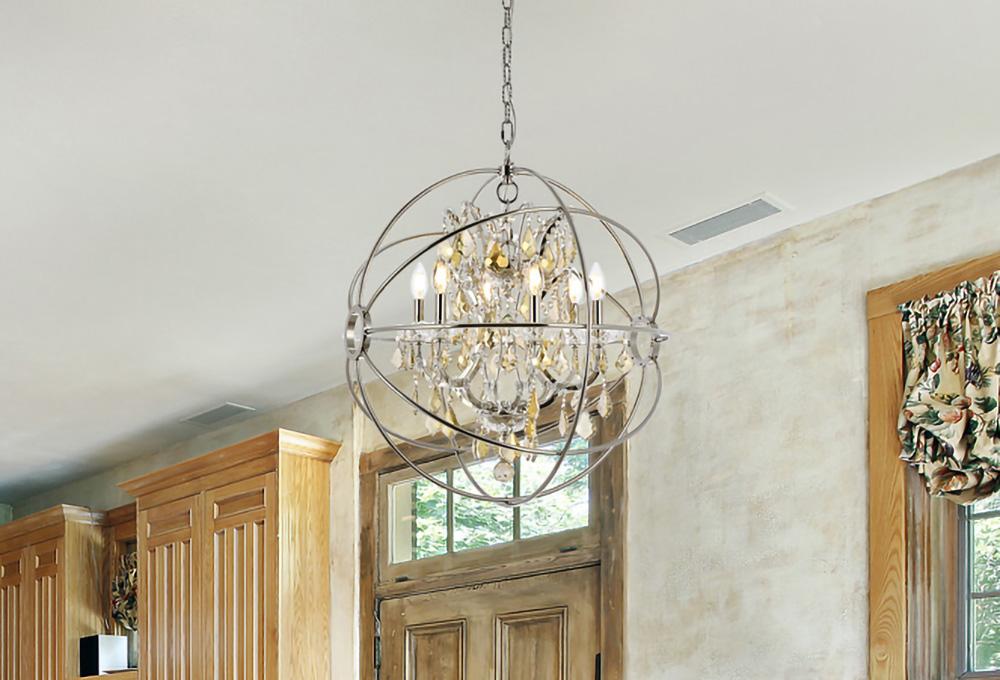 Elegant Furniture & Lighting - Geneva 6 light polished nickel Chandelier Golden Teak (Smoky) Royal Cut crystal - 1130D25PN-GT/RC veiw 1