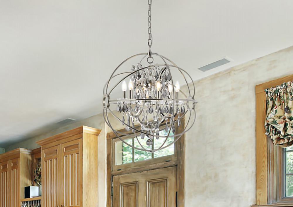 Elegant Furniture & Lighting - Geneva 6 light polished nickel Chandelier Silver Shade (Grey) Royal Cut crystal - 1130D25PN-SS/RC veiw 1