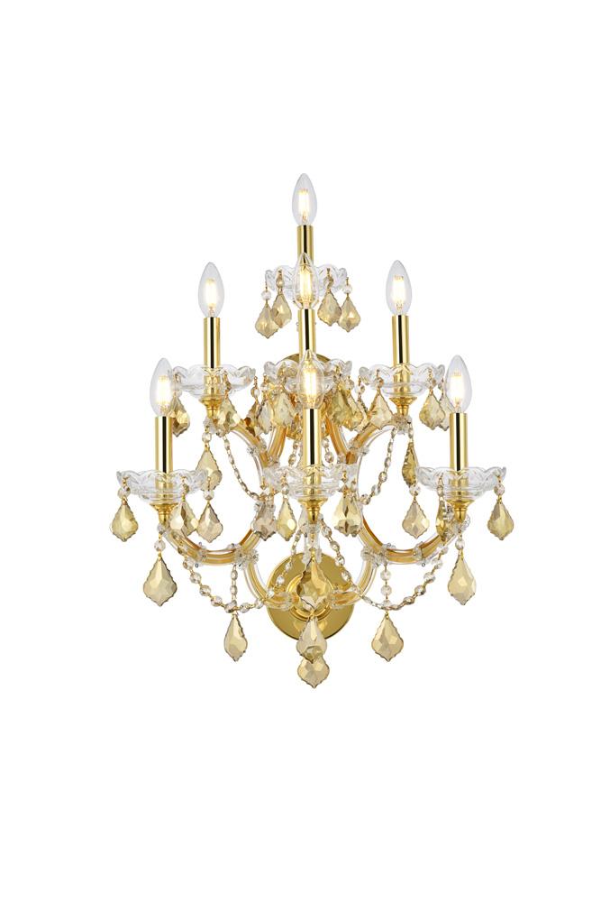 Elegant Furniture & Lighting - Maria Theresa 7 light Gold Wall Sconce Golden Teak (Smoky) Royal Cut Crystal - 2800W7G-GT/RC veiw 1