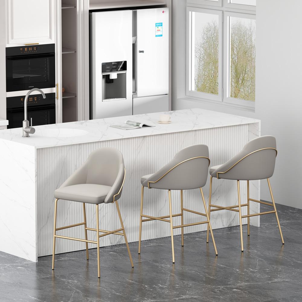 Manhattan Comfort - Gracie Leatherette Barstool with Steel Legs in Stone and Gold - Set of 3 - 3-BS022-GST veiw 8