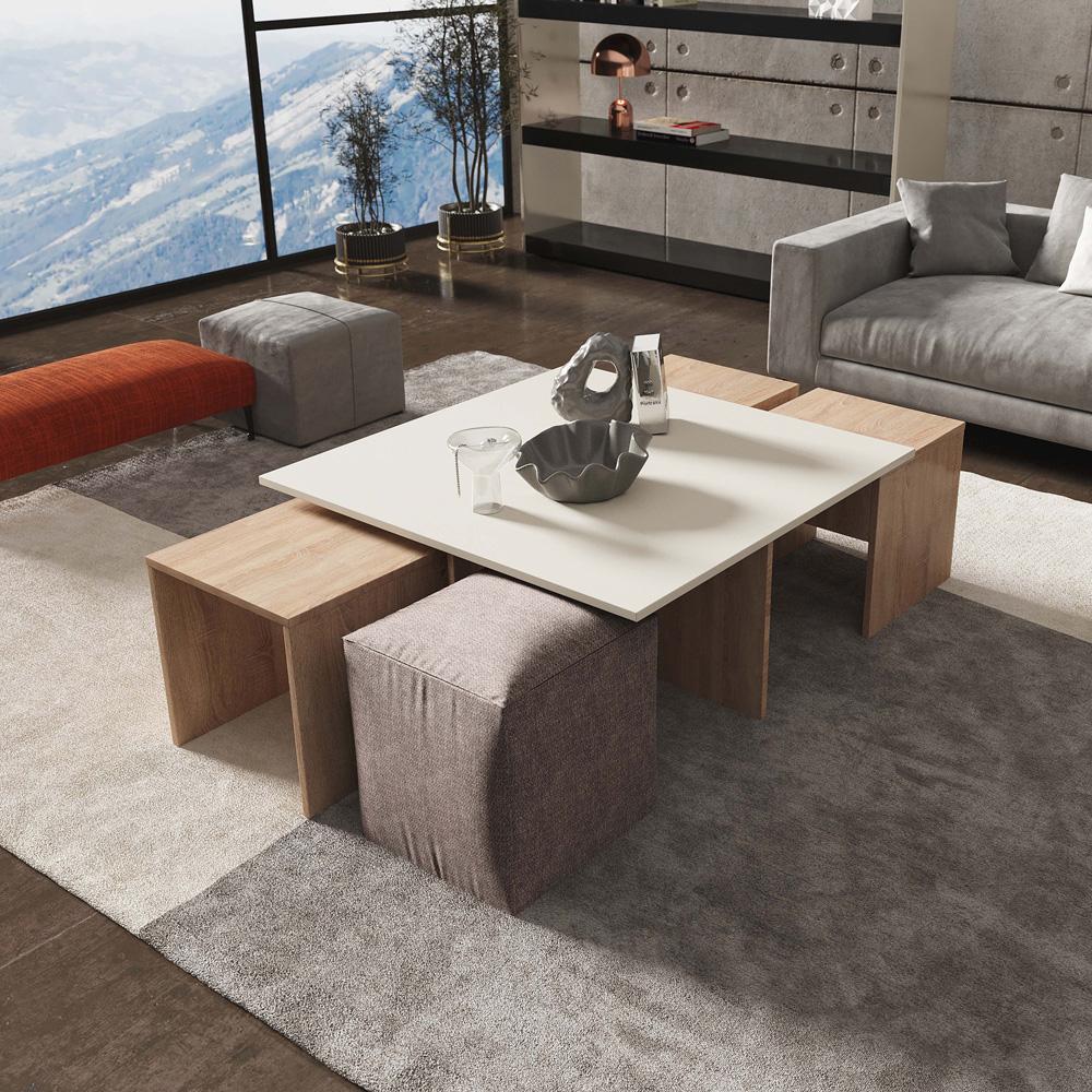 Manhattan Comfort - Haley Polyester Coffee Table and Ottoman Set with Manufactured Wood Legs in Natural and Nude - CT013-NN veiw 5