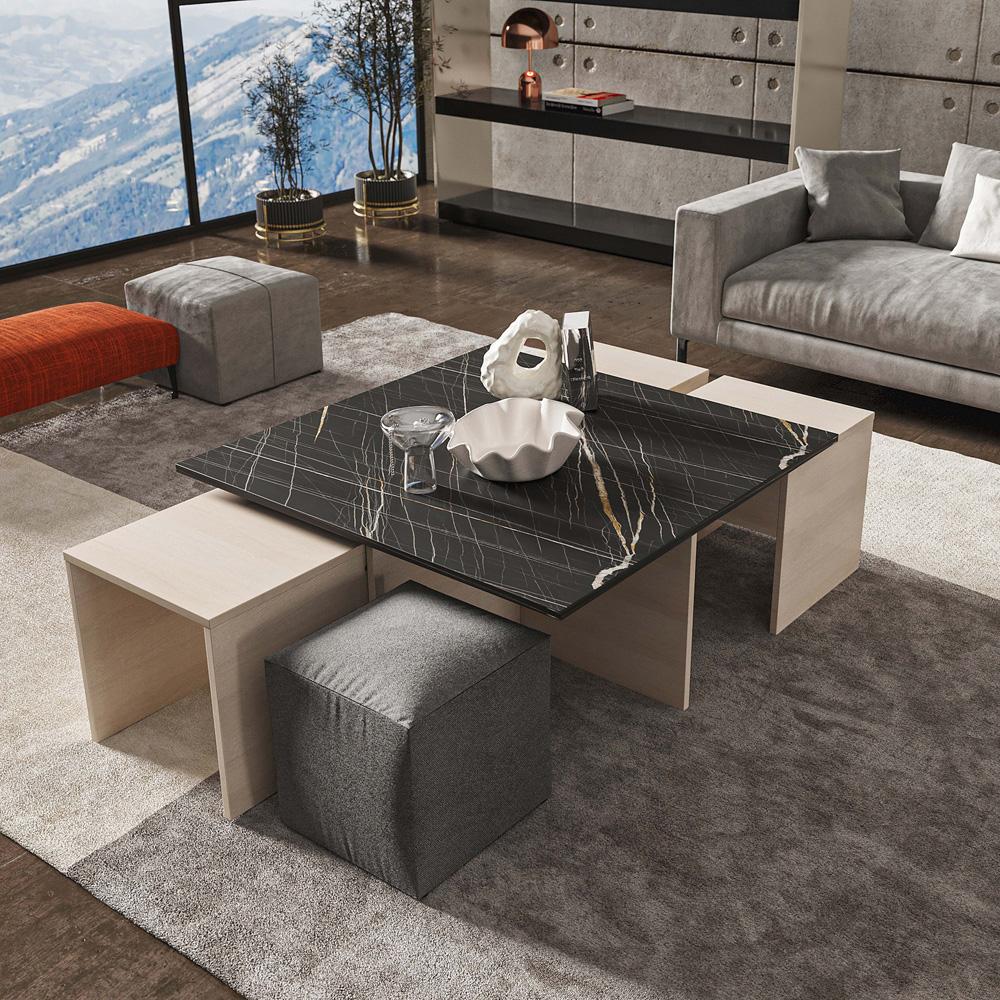 Manhattan Comfort - Haley Polyester Coffee Table and Ottoman Set with Manufactured Wood Legs in White and Black Marble - CT013-WB veiw 5