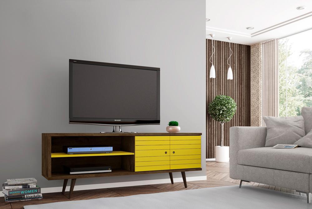 Manhattan Comfort - Liberty 63W TV Stand with 3 Fixed Shelves in Rustic Brown and Yellow - 201AMC94 veiw 8