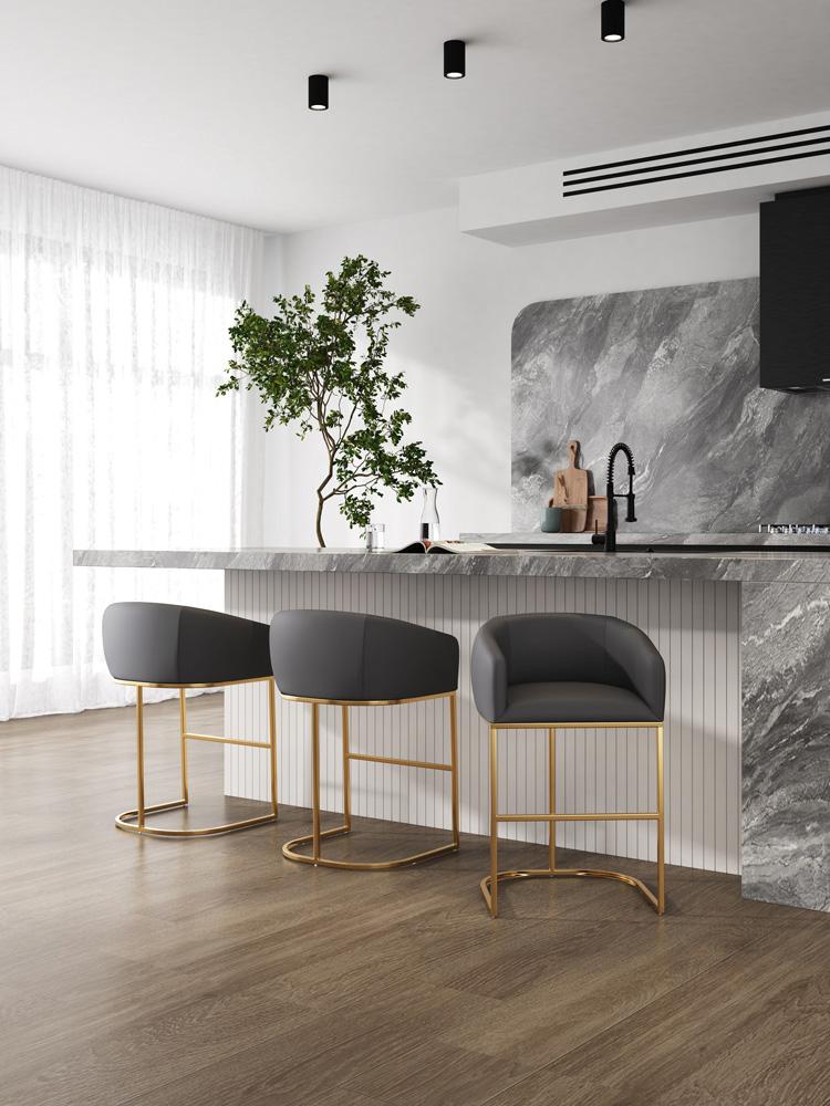Manhattan Comfort - Louvre Faux Leather Counter Stool with Stainless Steel Legs in Grey and Titanium Gold - Set of 3 - 3-CS009-GY veiw 7