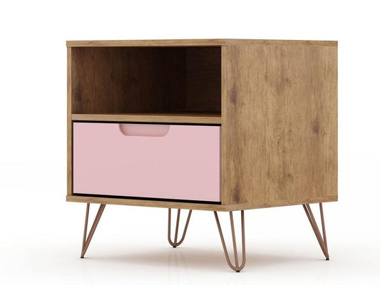 Manhattan Comfort - Rockefeller Nightstand with 1 Drawers in Nature and Rose Pink - 101GMC6 veiw 2