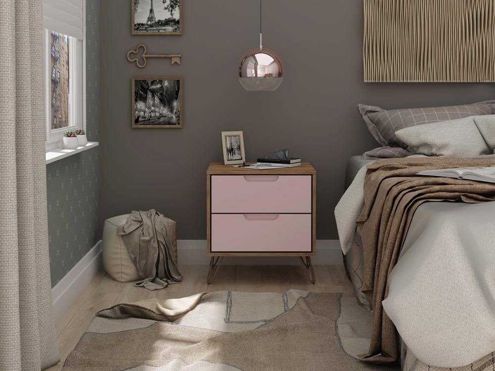 Manhattan Comfort - Rockefeller Nightstand with 2 Drawers in Nature and Rose Pink - 102GMC6 veiw 8