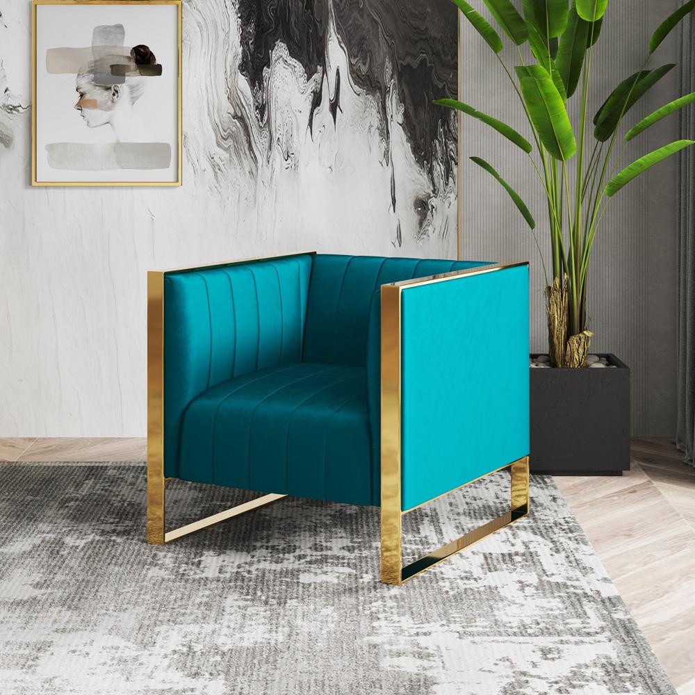 Manhattan Comfort - Trillium Velvet Accent Chair with Metal Legs in Teal and Gold - Set of 2 - 2-AC055-TL veiw 7
