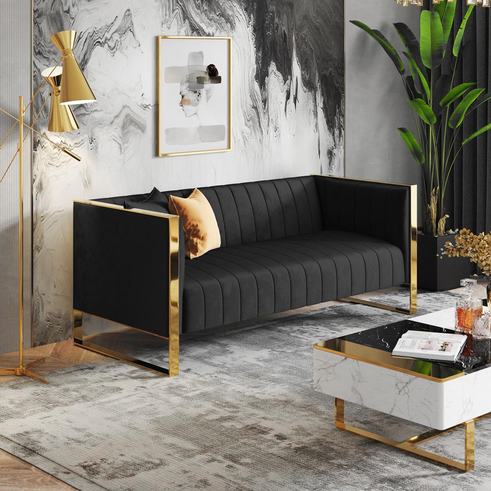 Manhattan Comfort - Trillium Velvet Sofa with Metal Legs in Black and Gold - SF009-BK veiw 6