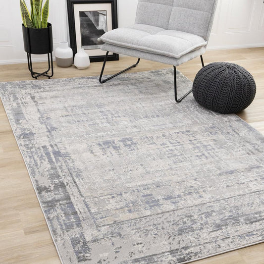 Kalora Interiors - Luca Grey White Blue Distressed Border Rug, 53in x 77in - F113/0454 160230 veiw 2