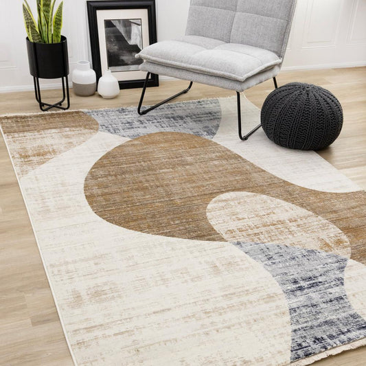 Kalora Interiors - Serene Cream Brown Blue Distressed Curvy Shapes Design Rug, 53in x 710in - H796/4232 160240 veiw 2