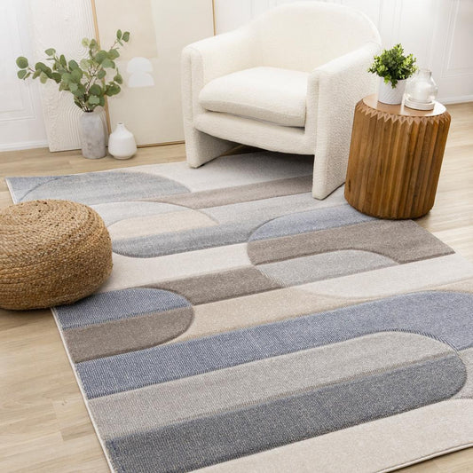 Kalora Interiors - Folio Blue Beige Grey Rounded Geoemetric Overlay Striped Design Rug, 53in x 77in - H823/6242 160230 veiw 2