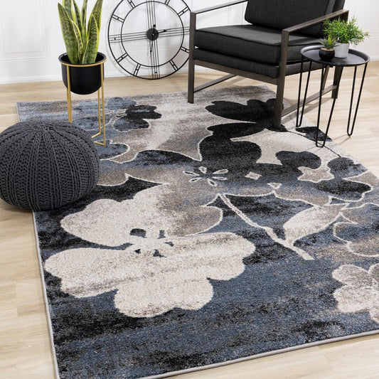 Kalora Interiors - Breeze Blue Cream Black Poppies Rug, 53in x 77in - E188/7717 160230 veiw 2