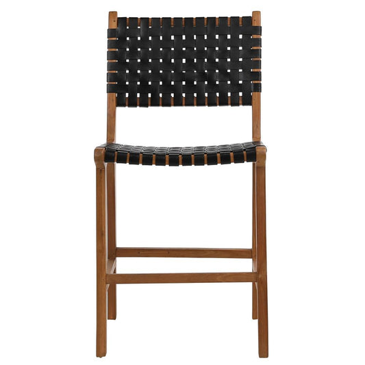 Henry & Mason - Chase Natural Teak Wood and Full Grain Leather Counter Stool in Antique Black - DV7273 veiw 2