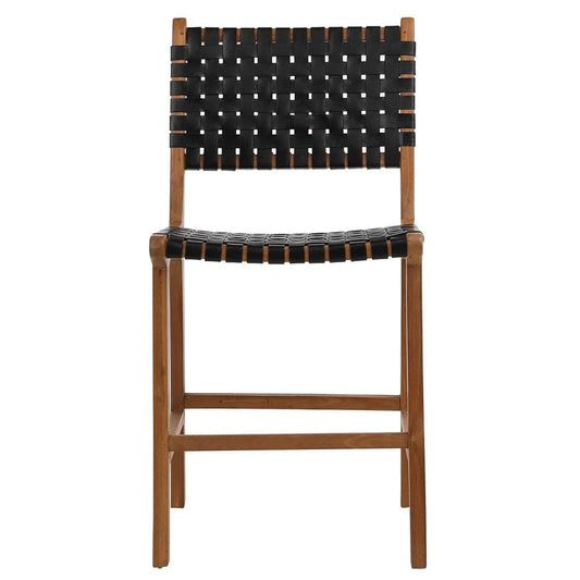 Henry & Mason - Chase Natural Teak Wood and Full Grain Leather Counter Stool in Antique Black - DV7273 veiw 2