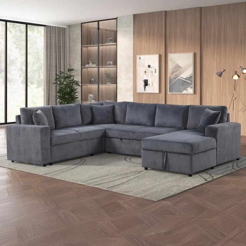 Lilola Home - Ruxley 123inW Gray Corduroy Sleeper Sectional Sofa with Right-Facing Storage Chaise and Throw Pillows - 89167 veiw 7
