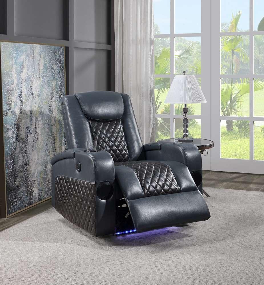 ACME Furniture - Alair Power Motion Recliner w/Bluetooth Speaker & Cooling Cup Holder - Blue & Black Leather Aire - LV02459 veiw 1