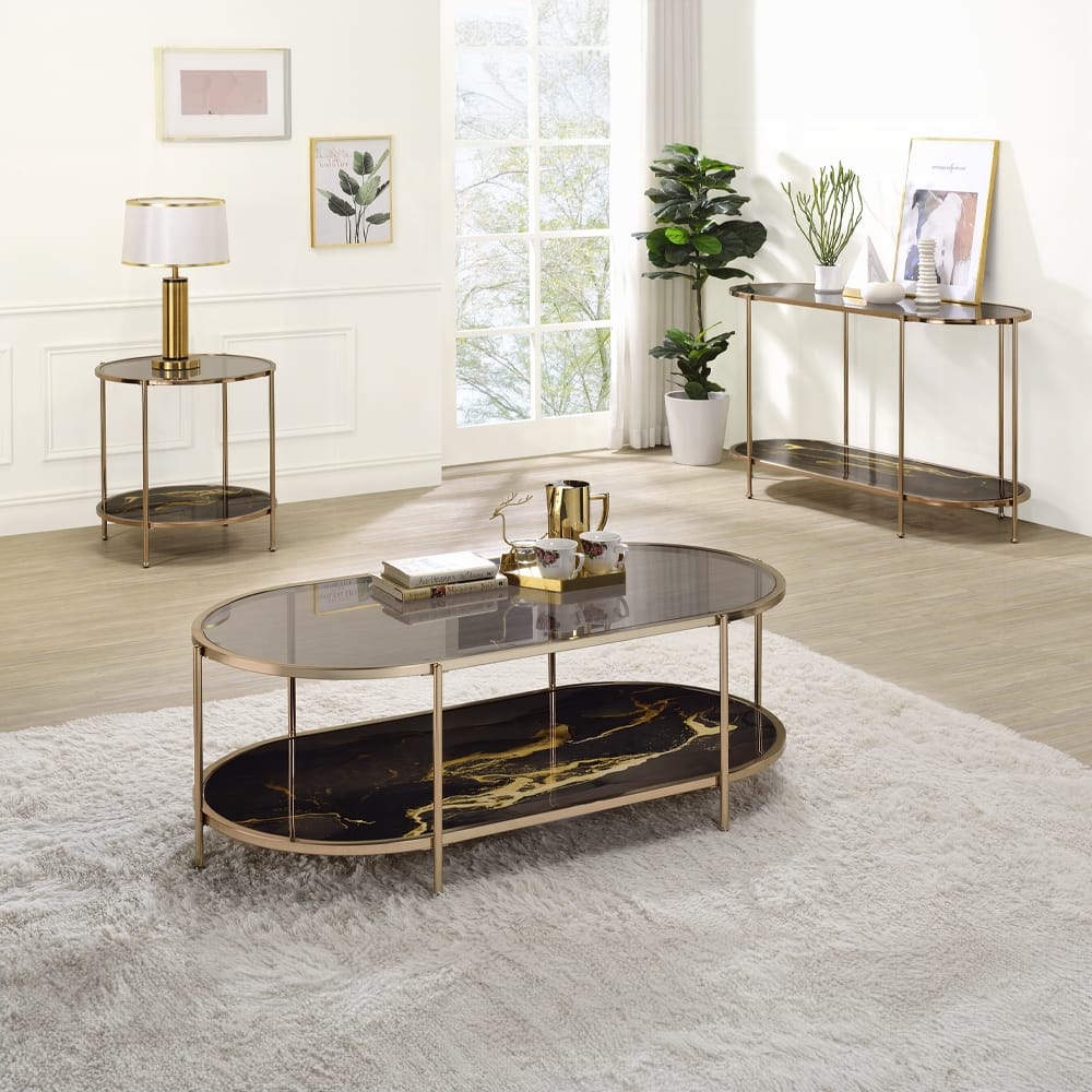 ACME Furniture - Fiorella Coffee Table - Glass - Black Marble Paint & Gold - LV02222 view 5