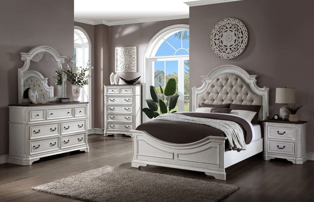 ACME Furniture - Florian - Queen Bed - Beige Synthetic Leather & Antique White Finish - 28720Q view 5