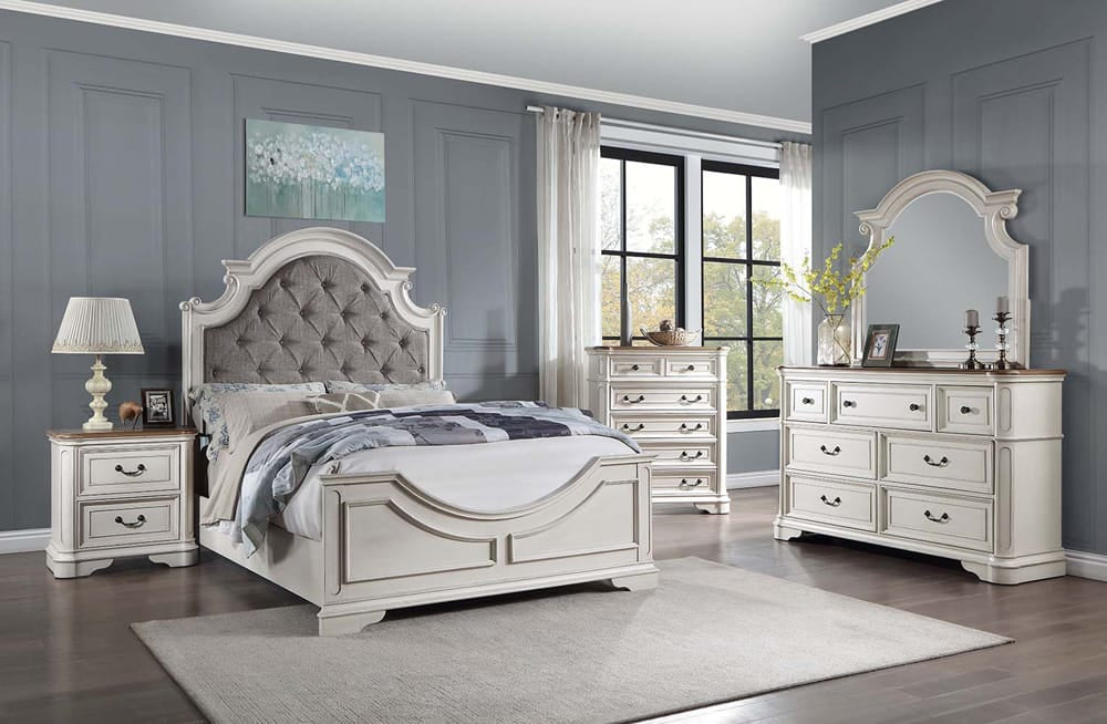 ACME Furniture - Florian - Queen Bed - Gray Fabric & Antique White Finish - BD01648Q view 5