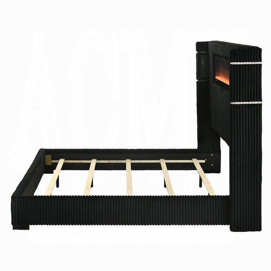 ACME Furniture - Garner - Queen Bed w/Fireplace, LED, Reading Light, Speaker, Bluetooth & USB - Black & Gray Corduroy - BD06022Q view 2