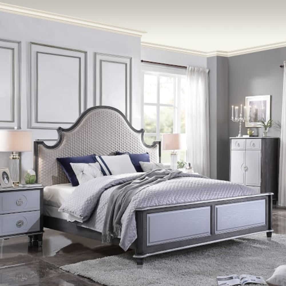 ACME Furniture - House Beatrice - Queen Bed - Two Tone Beige Fabric, Charcoal & Light Gray Finish - 28810Q view 11