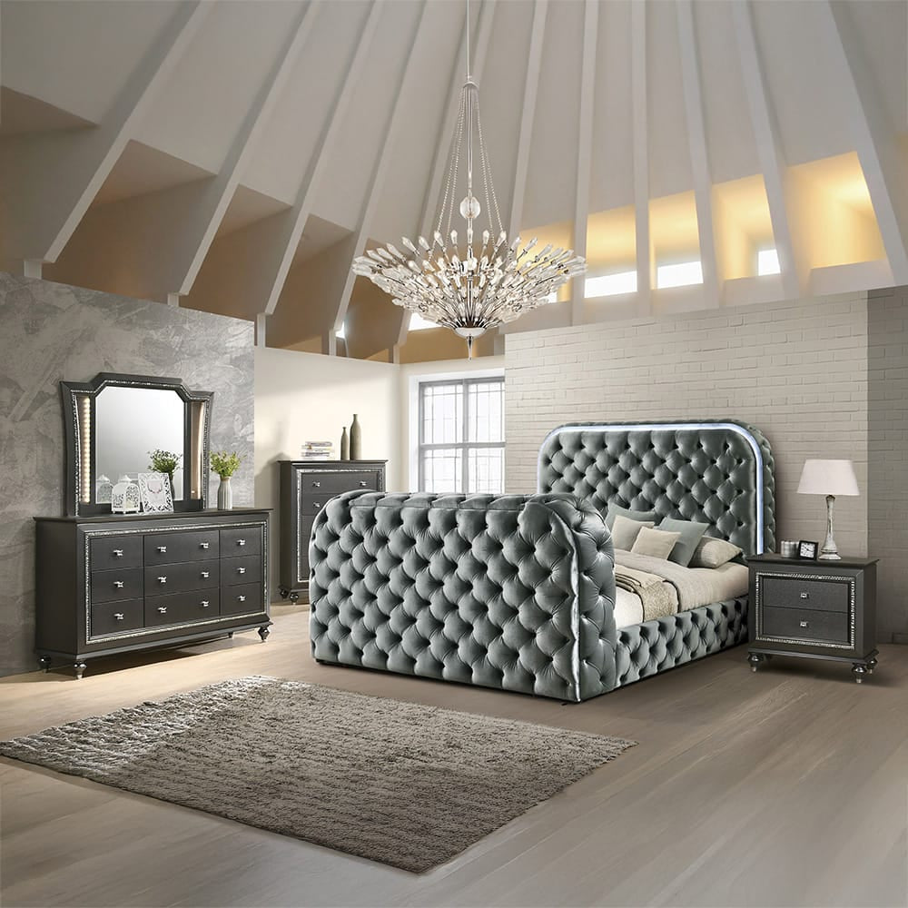 ACME Furniture - Kana - Eastern King Bed w/LED, Fireplace & TV Stand - Gray Upholstery Velvet - BD05071EK view 5