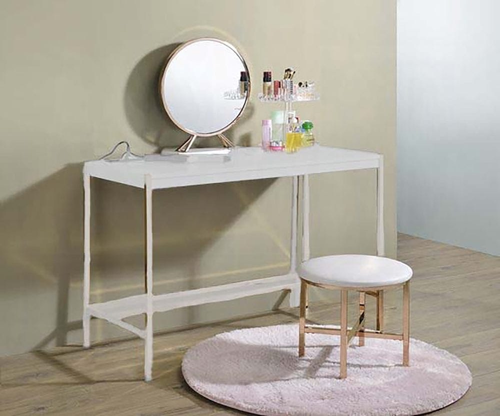 ACME Furniture - Midriaks Mirror & Stool - Synthetic Leather - White & Gold - AC00723 view 4