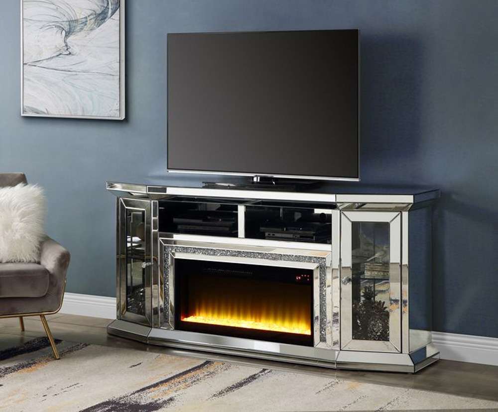 ACME Furniture - Noralie TV Stand w/Fireplace & LED - Mirrored & Faux Diamonds - AC00517 veiw 1