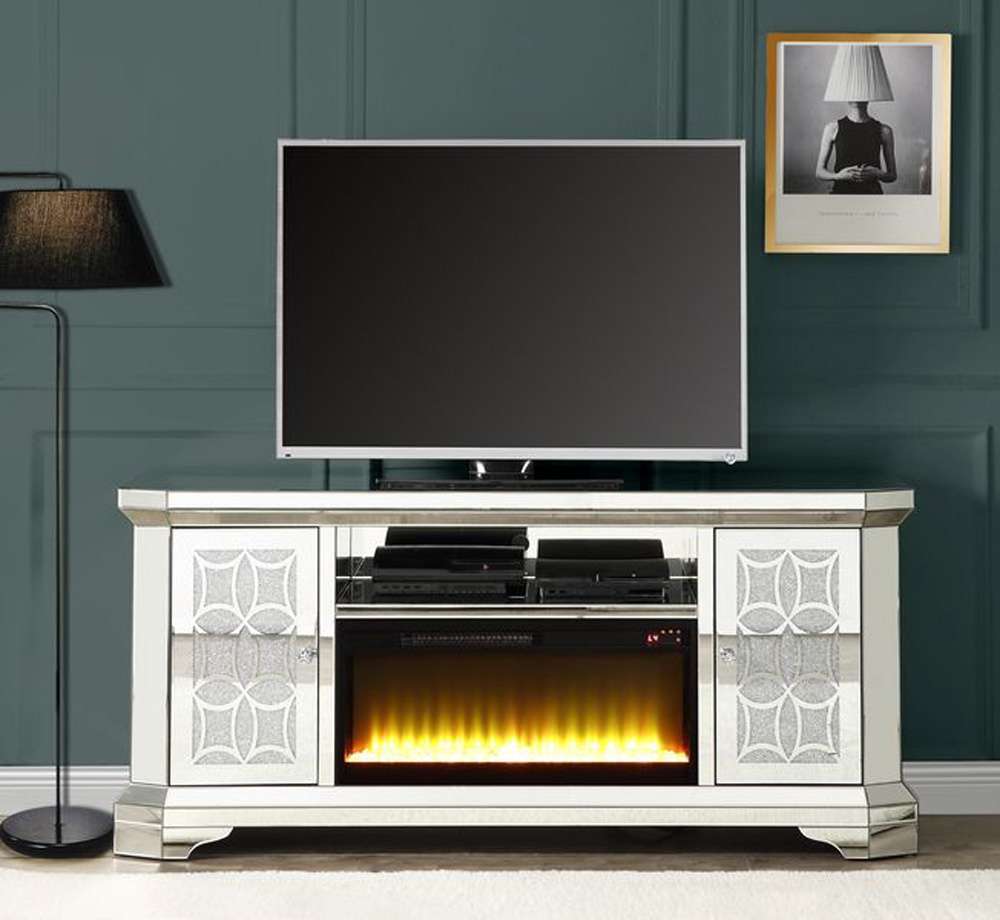 ACME Furniture - Noralie TV Stand w/Fireplace - Mirrored & Faux Diamonds - LV00520 veiw 1