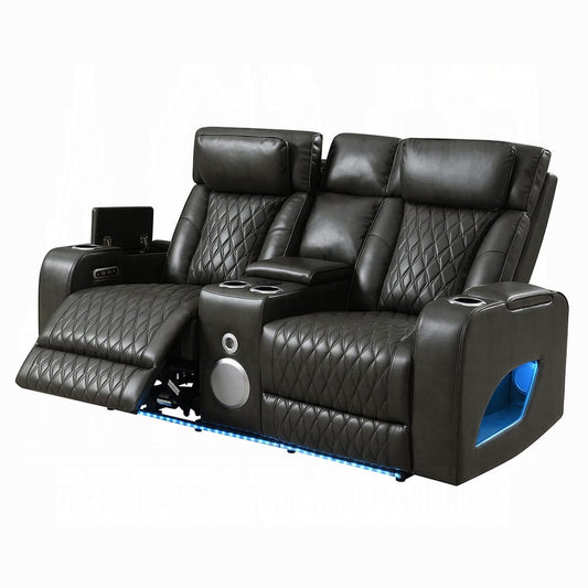 ACME Furniture - Taddeo - Power Motion Loveseat w/Console , Speaker, USB, Wireless Chaeger & LED - Dark Gray Synthetic Leather - LV06231 view 2