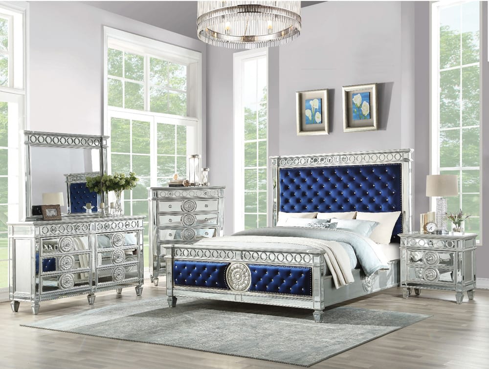 ACME Furniture - Varian - Eastern King Bed - Blue Velvet, Mirrored & Sliver - 26147EK view 2