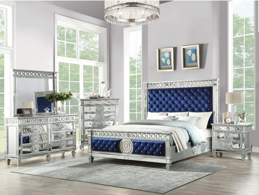 ACME Furniture - Varian - Eastern King Bed - Blue Velvet, Mirrored & Sliver - 26147EK view 2