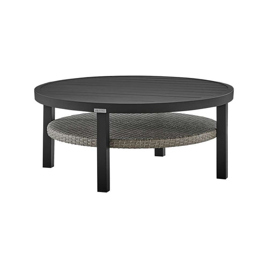 Armen Living - Aileen Outdoor Patio Round Coffee Table in Black Aluminum with Grey Wicker Shelf - 840254332508 veiw 2
