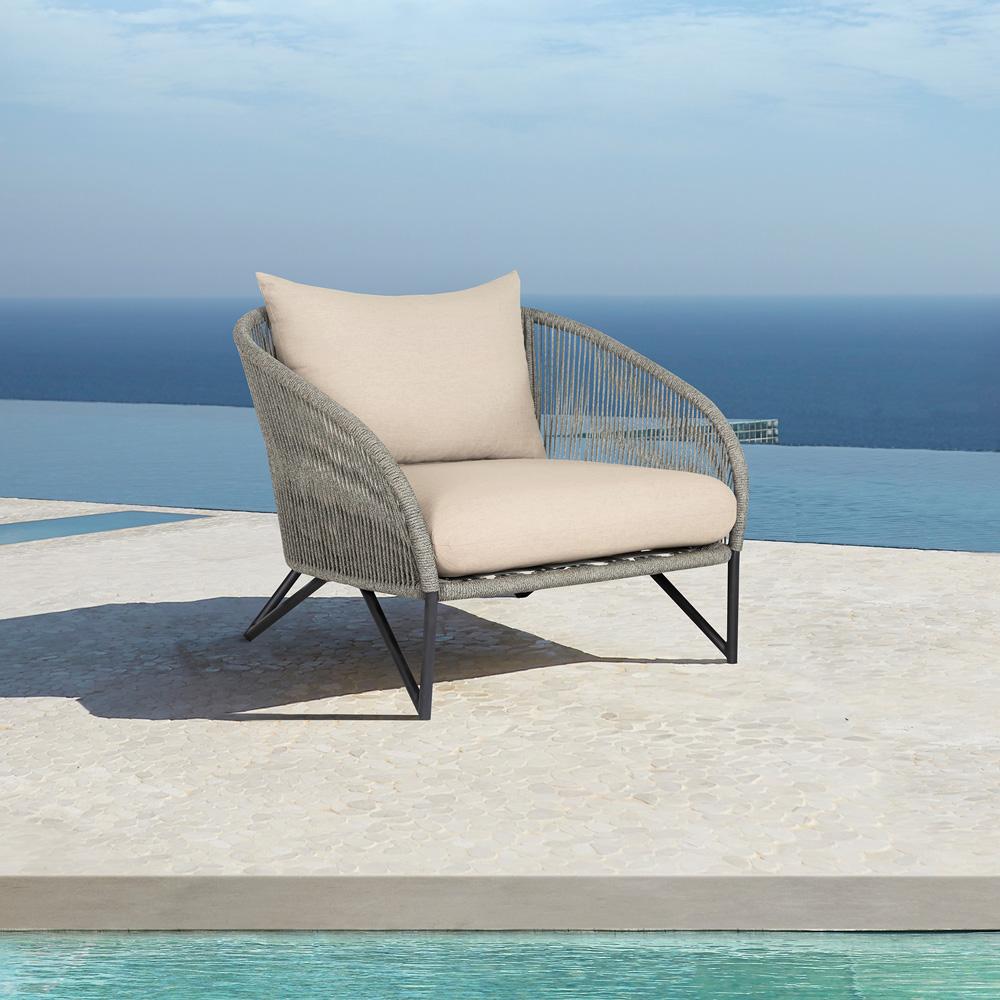 Armen Living - Benicia Outdoor Patio Chair in Black Steel with Gray Rope and Taupe Olefin Cushions - LCBECHBLKTP veiw 8