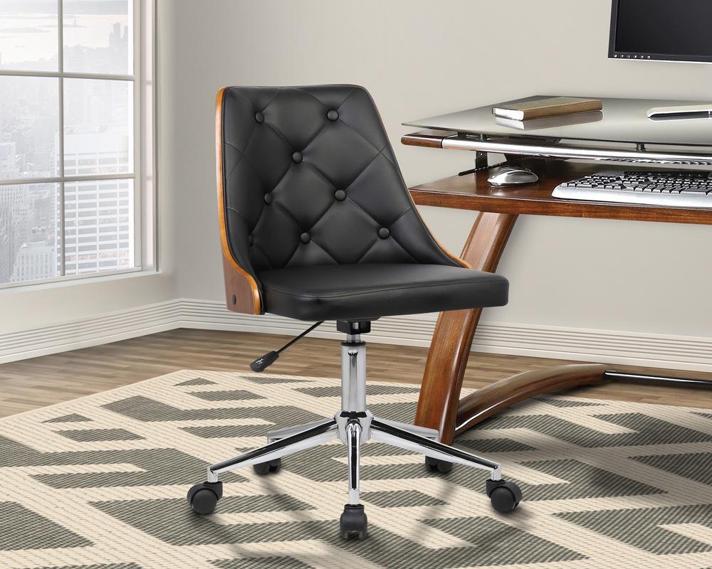 Armen Living - Diamond Mid-Century Office Chair in Chrome finish with Tufted Black Faux Leather and Walnut Veneer Back - LCDIOFCHBLACK veiw 8