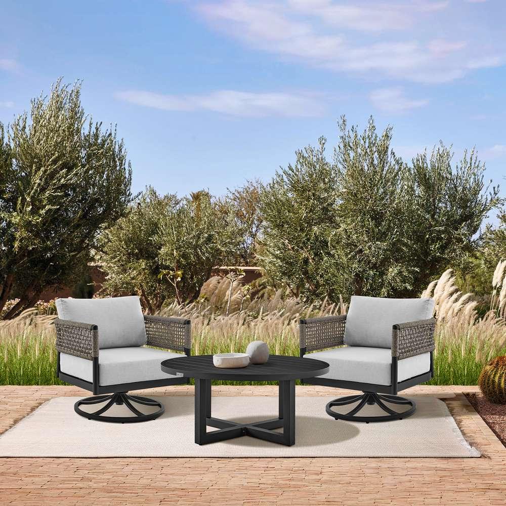 Armen Living - Felicia and Argiope 3 Piece Patio Outdoor Swivel Seating Set in Black Aluminum with Grey Rope and Cushions - 840254332621 veiw 9