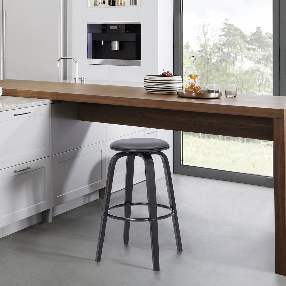 Armen Living - Harbor 30in Bar Height Backless Swivel Grey Faux Leather and Black Wood Mid-Century Modern Bar Stool - LCHBBAGRBL30 veiw 7