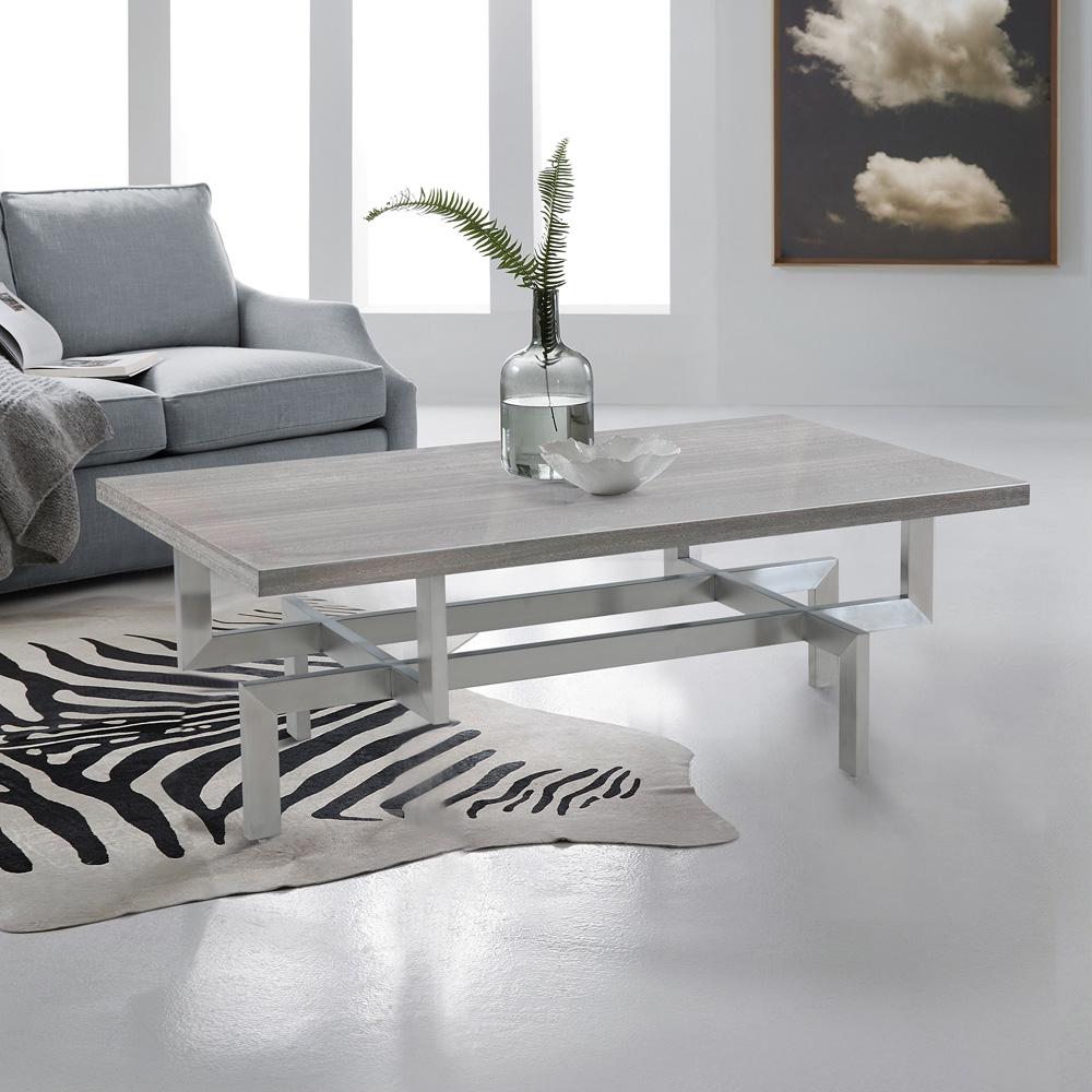 Armen Living - Illusion Gray Wood Coffee Table with Brushed Stainless Steel Base - LCILCOBSGR veiw 4